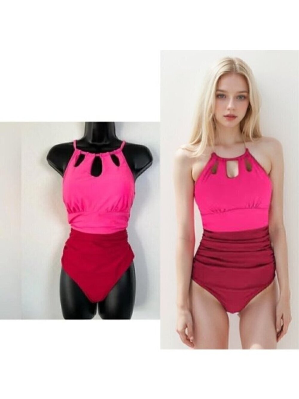 42.🆕Small Cupshe High Neck Tummy Control Red & Pink Bathing Suit